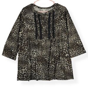 Seven Forty Two Top Womens L Large Brown Black Beige Animal Print Pintuck